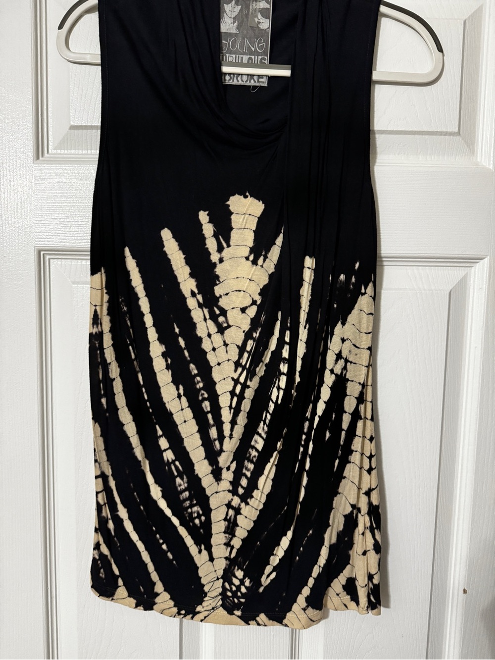 Black and Cream Tie-Dye Sleeveless Cowl Neck Top